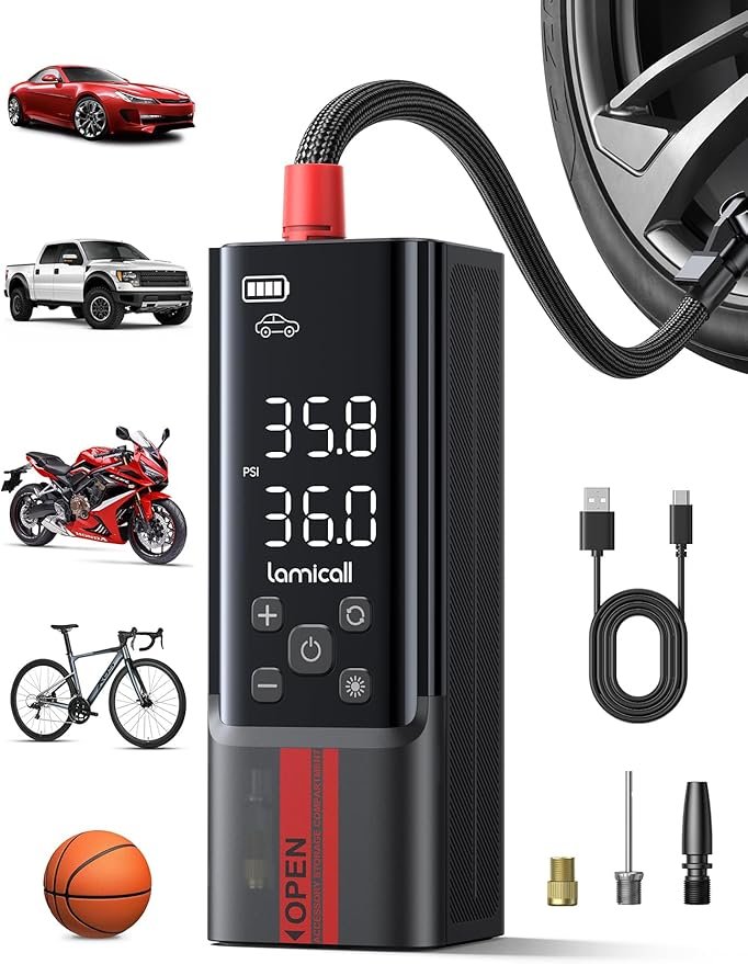 Cordless Tyre Inflator Air Compressor - [Metal Cylinder] 150PSI Electric Pump with Digital Dual-Value Display, Portable Air Pump for Car Motorcycle Bike Balls, with Long Hose, Silicone Case
