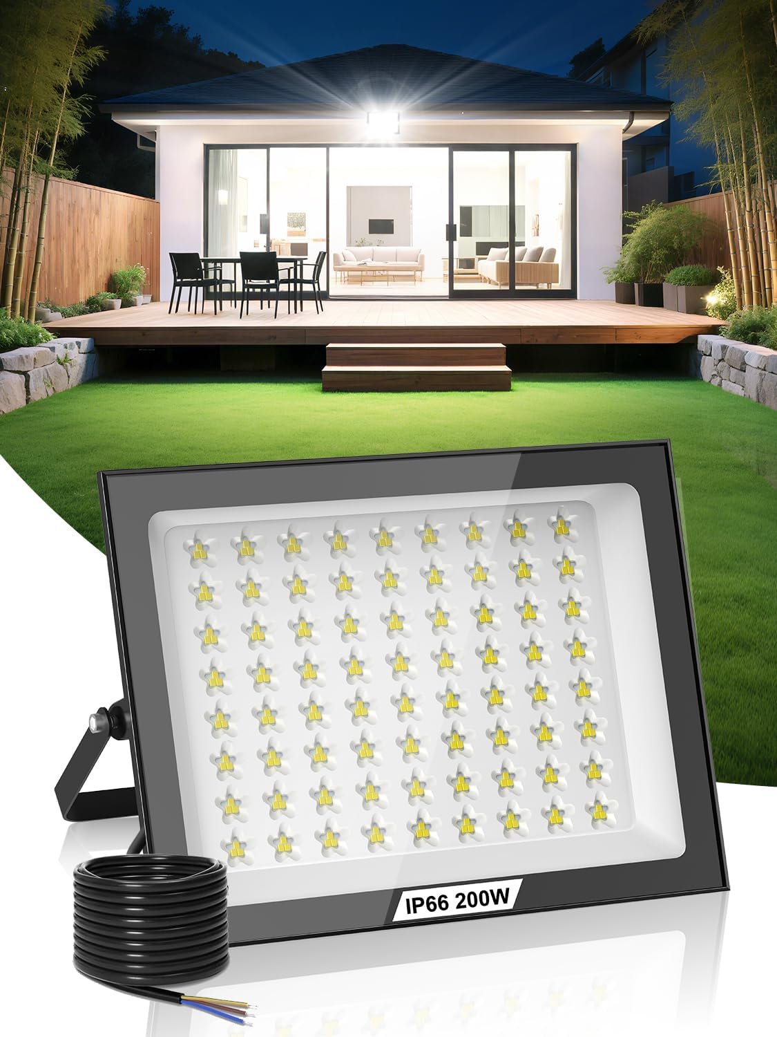 Flood Lights Outdoor 200W, 20000LM Super Bright LED Floodlight Outdoor, 6500K Cool White Security Light, IP66 Waterproof Wall Light for Garden, Garage, Yard, Parking Lot, Warehouse