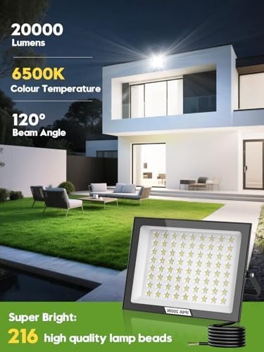 Flood Lights Outdoor 200W, 20000LM Super Bright LED Floodlight Outdoor, 6500K Cool White Security Light, IP66 Waterproof Wall Light for Garden, Garage, Yard, Parking Lot, Warehouse 2