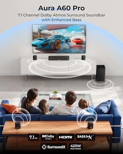 Aura A60 Pro 7.1ch Surround Sound System for TV, Dolby Atmos Sound Bar with 4 Surround Speakers, VoiceMX, BassMX, 420W Peak Power, HDMI eARC, App Control (2026 Model) 2